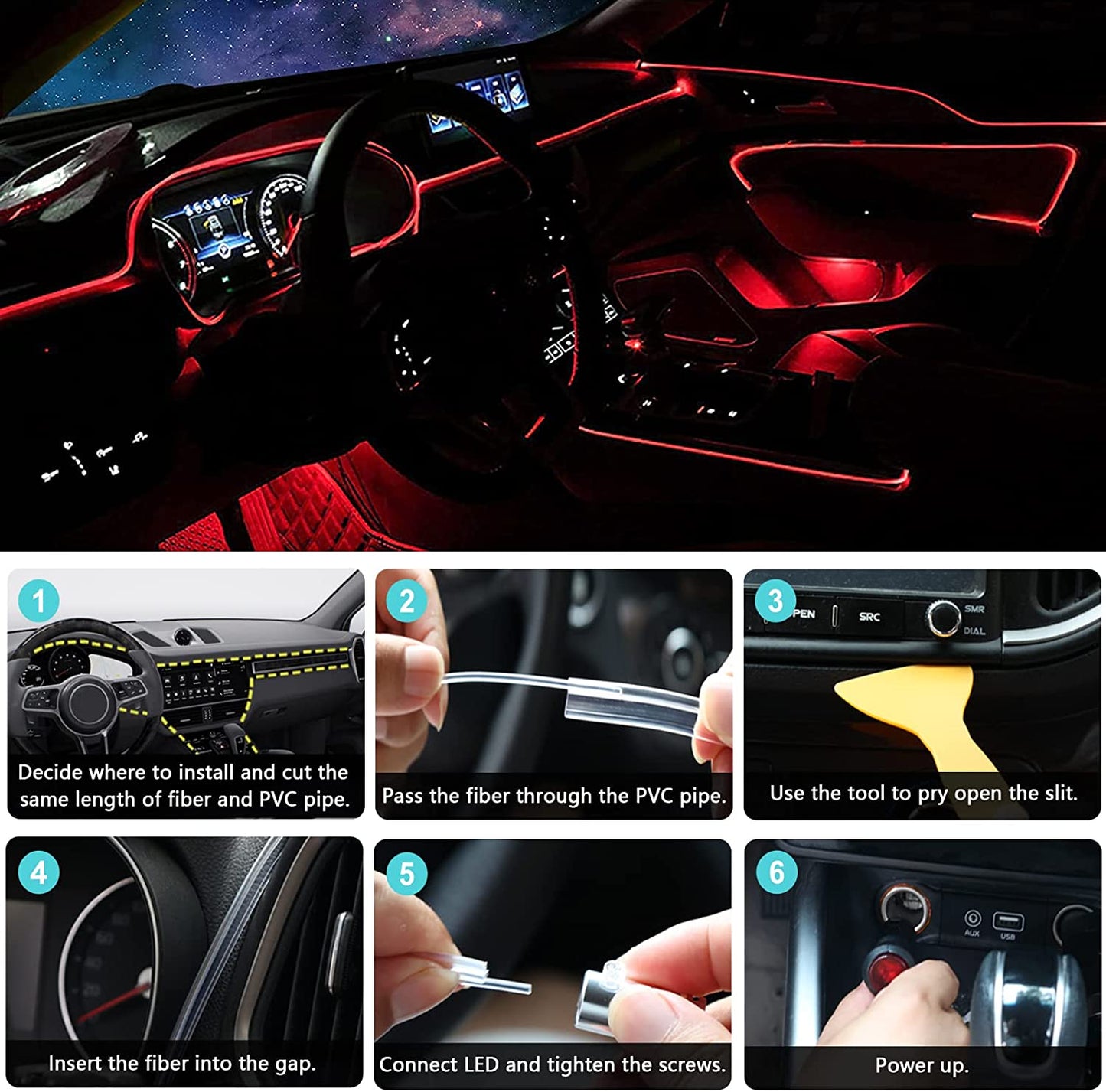 Interior Car LED Strip Lights, RGB 6 in 1 Ambient Lighting Kits with 315 Inches Fiber Optic, 16 Million Colors APP Wireless Bluetooth Control Car Neon Lights, with Music Sync Function