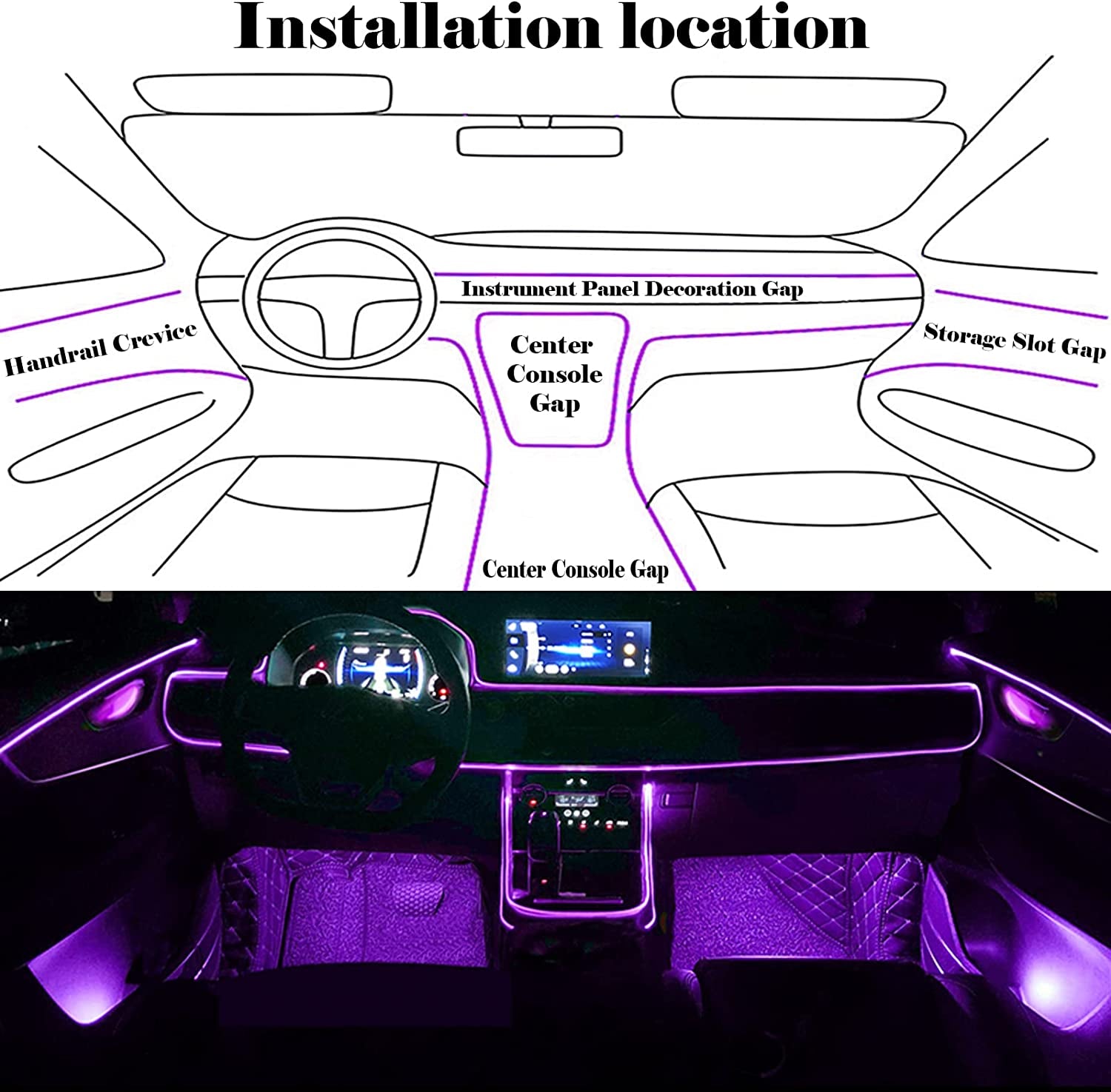 Interior Car LED Strip Lights, RGB 6 in 1 Ambient Lighting Kits with 315 Inches Fiber Optic, 16 Million Colors APP Wireless Bluetooth Control Car Neon Lights, with Music Sync Function