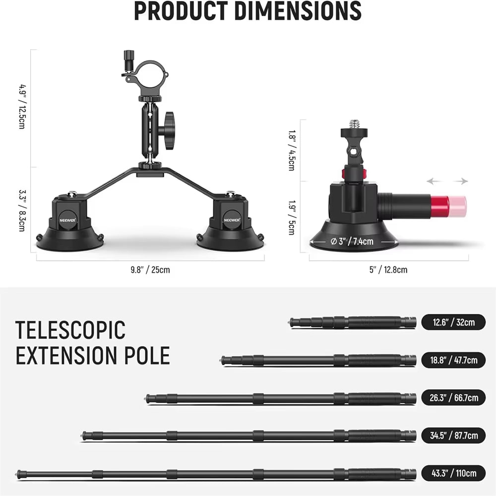 NEEWER Triple Suction Cup Car Mount Kit with 2In1 Extension Pole/Selfie Stick outside Windshield Camera Mount for  Insta360
