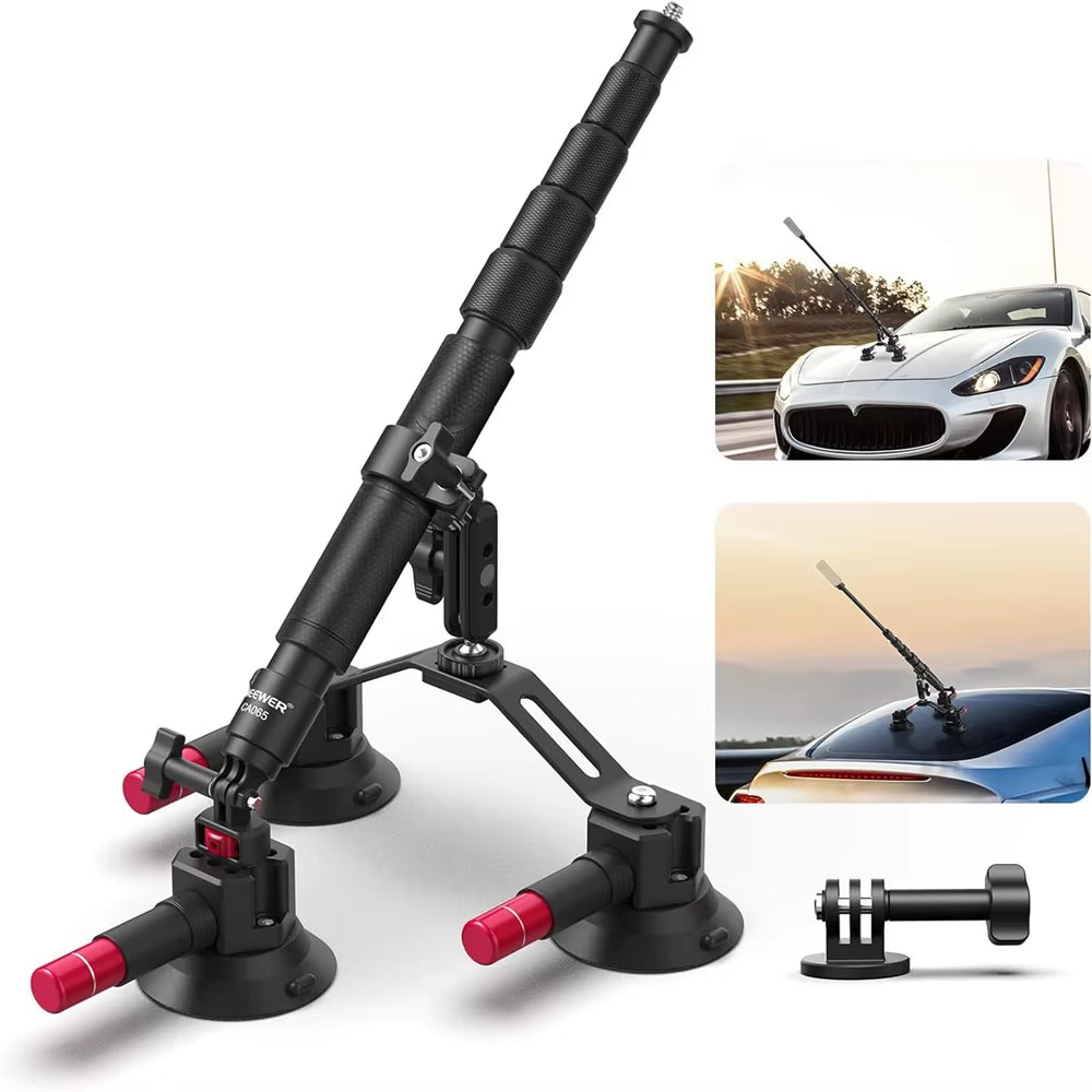 NEEWER Triple Suction Cup Car Mount Kit with 2In1 Extension Pole/Selfie Stick outside Windshield Camera Mount for  Insta360