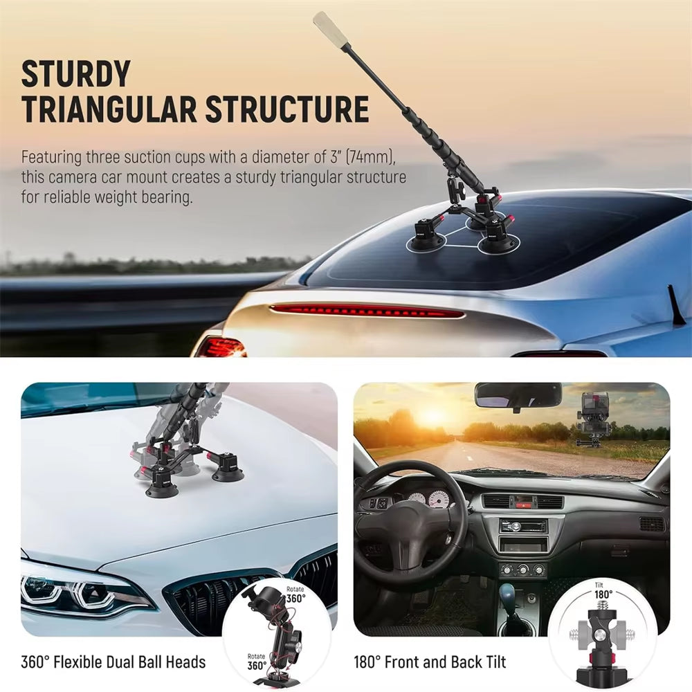 NEEWER Triple Suction Cup Car Mount Kit with 2In1 Extension Pole/Selfie Stick outside Windshield Camera Mount for  Insta360