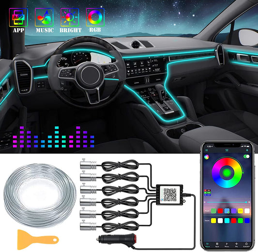 Interior Car LED Strip Lights, RGB 6 in 1 Ambient Lighting Kits with 315 Inches Fiber Optic, 16 Million Colors APP Wireless Bluetooth Control Car Neon Lights, with Music Sync Function