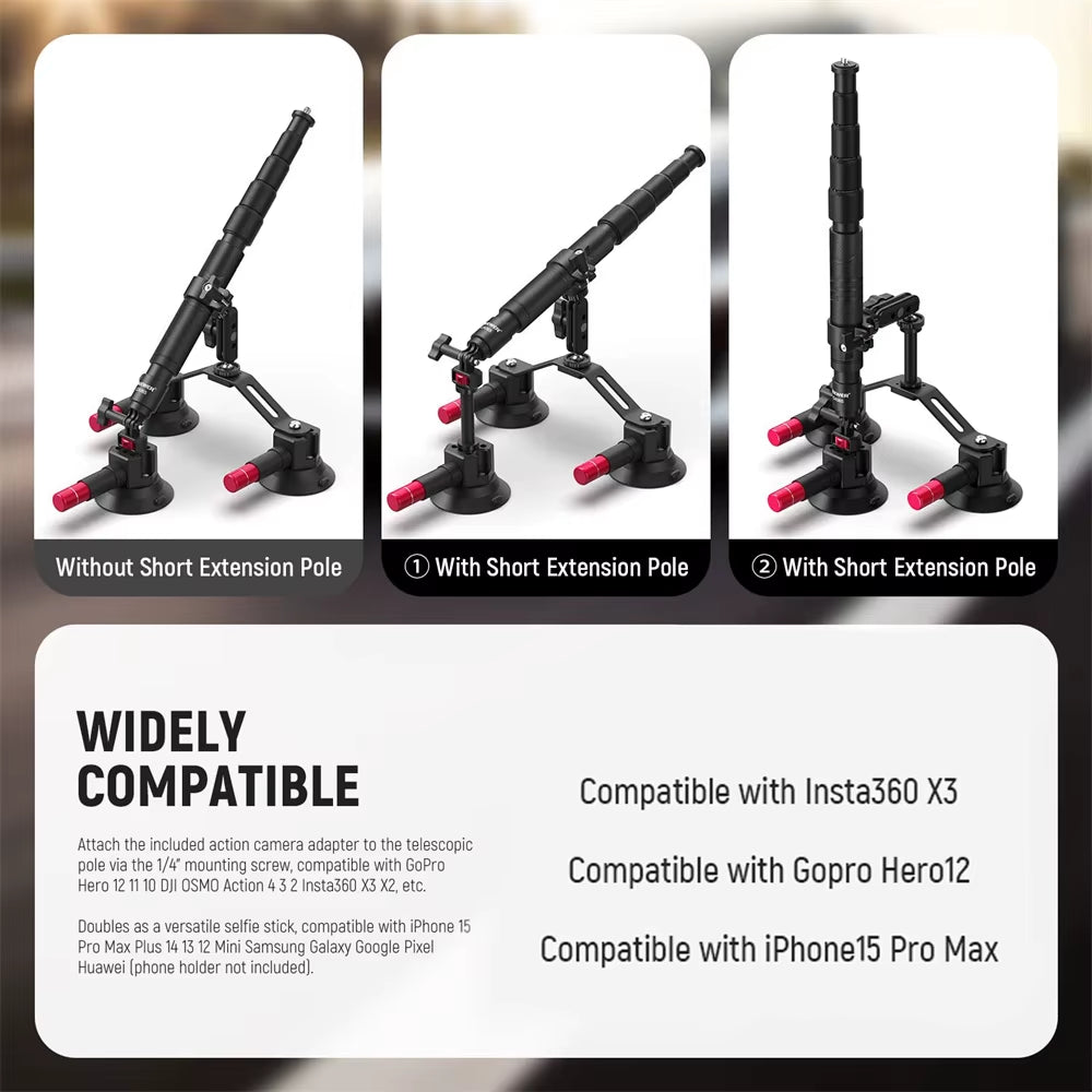 NEEWER Triple Suction Cup Car Mount Kit with 2In1 Extension Pole/Selfie Stick outside Windshield Camera Mount for  Insta360