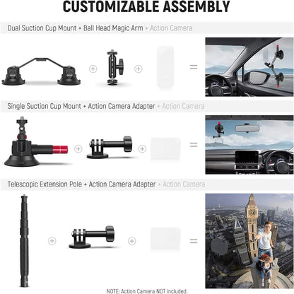 NEEWER Triple Suction Cup Car Mount Kit with 2In1 Extension Pole/Selfie Stick outside Windshield Camera Mount for  Insta360