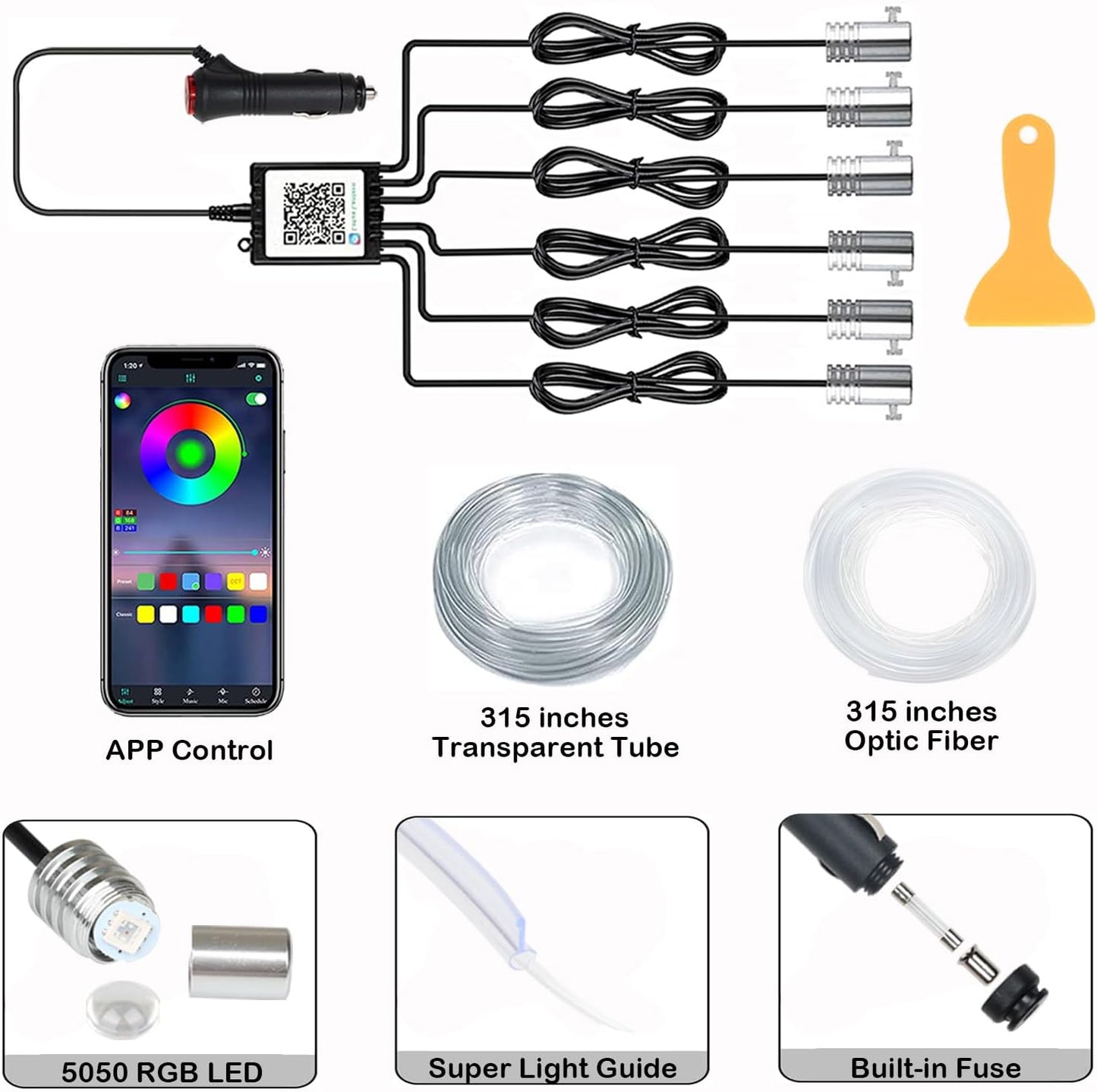 Interior Car LED Strip Lights, RGB 6 in 1 Ambient Lighting Kits with 315 Inches Fiber Optic, 16 Million Colors APP Wireless Bluetooth Control Car Neon Lights, with Music Sync Function
