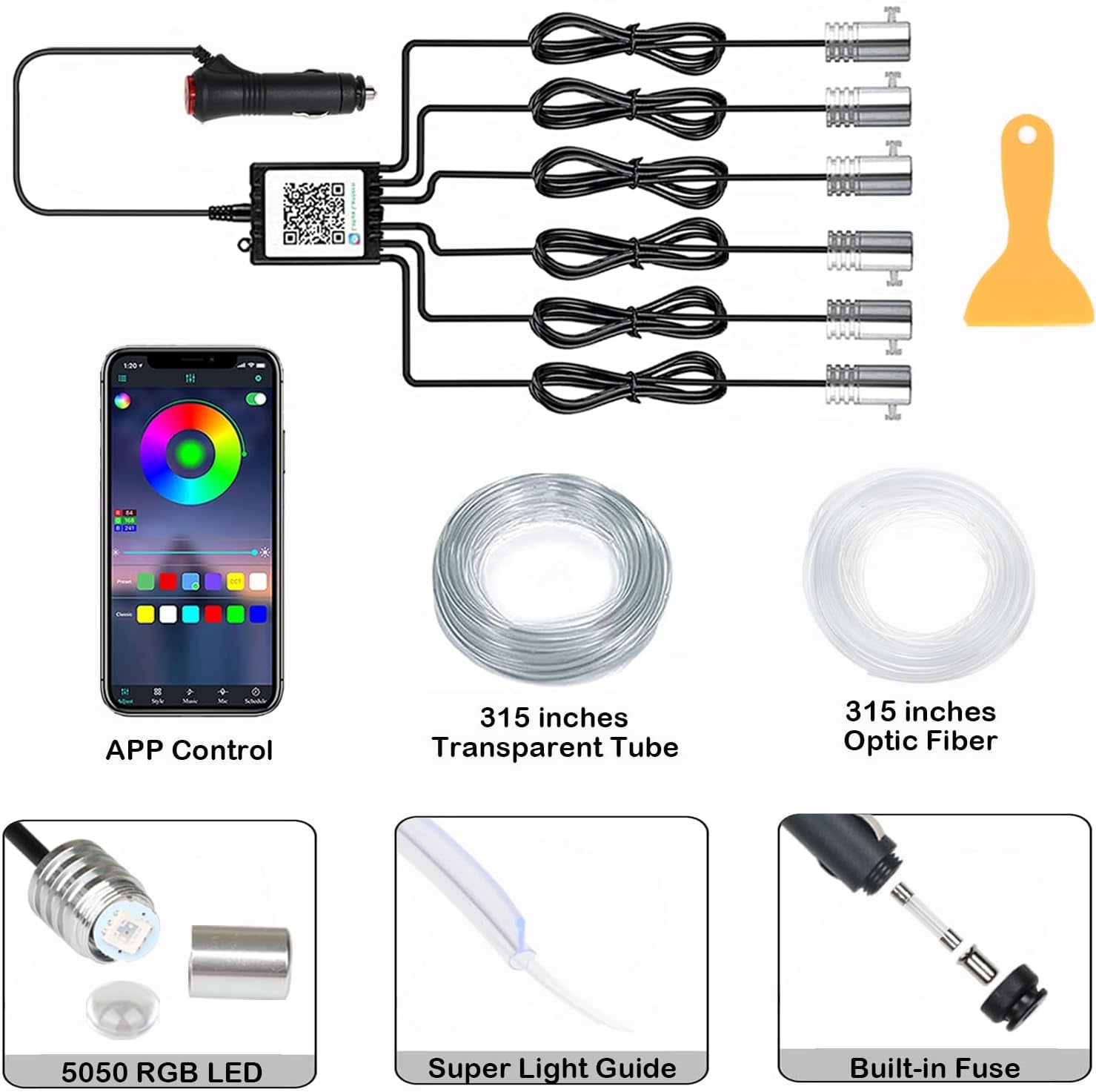 Interior Car LED Strip Lights, RGB 6 in 1 Ambient Lighting Kits with 315 Inches Fiber Optic, 16 Million Colors APP Wireless Bluetooth Control Car Neon Lights, with Music Sync Function